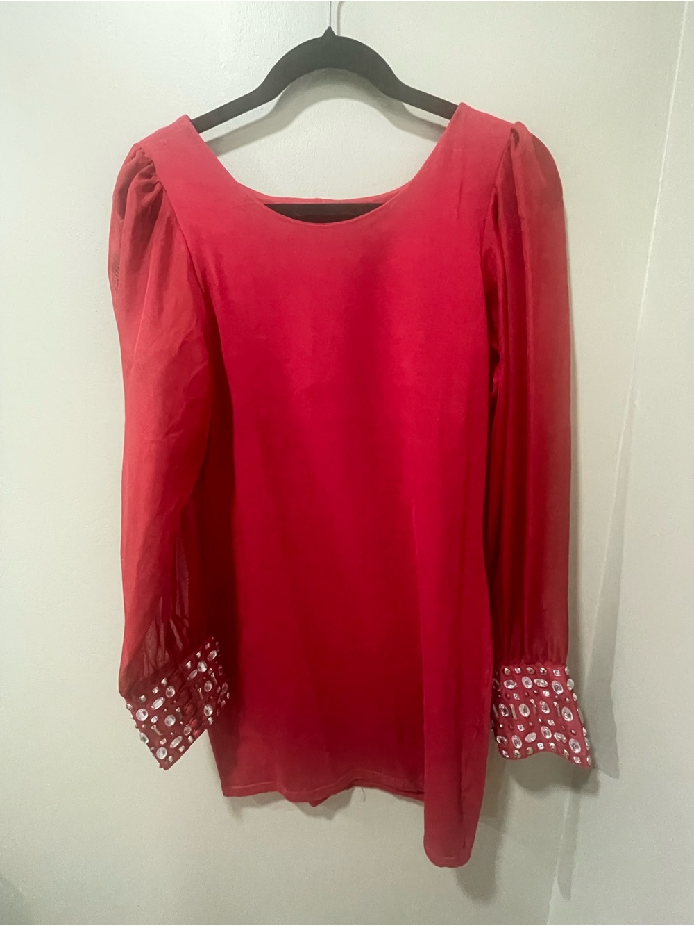 Red Long-Sleeve Dress with Embellished Cuffs